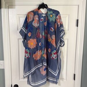 Gray Blue Floral Semi- Sheer Kimono Cover up